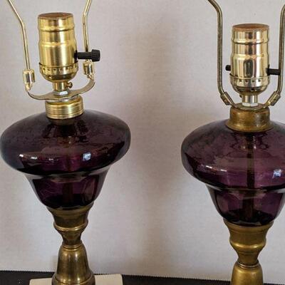Lot # 4 -Pair of vintage Amethyst Purple glass and marble lamps 