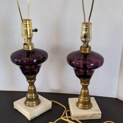 Lot # 4 -Pair of vintage Amethyst Purple glass and marble lamps 