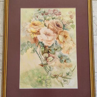 Lot # 5 -Original Watercolor painting of Roses Flowers Pink Yellow Peach colors Professionally matted and framed