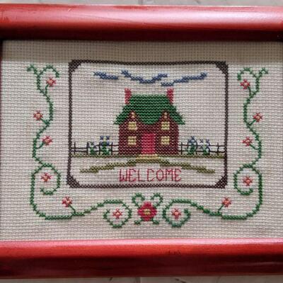 Lot # 8 s -Vintage Counted Cross Stitch in Wooden Frame WELCOME Country House and Garden