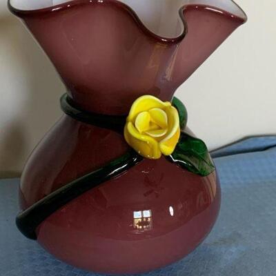 Lot # 15 s -Hand blown cased art glass vase Purple with yellow rose