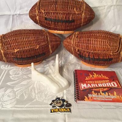 LR#182 - 3 football wicker baskets and misc.