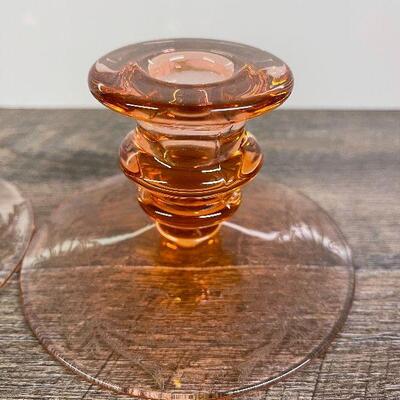 L98: Pair of Vintage Pink Depression Glass Candlesticks.