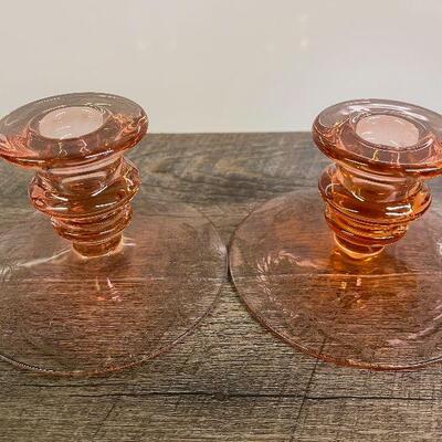 L98: Pair of Vintage Pink Depression Glass Candlesticks.