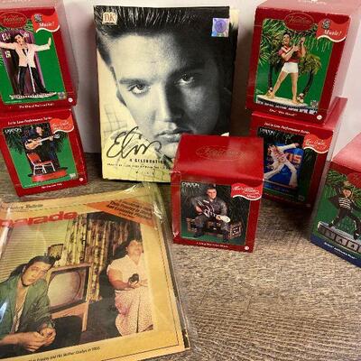 L113: Lot of Elvis Ornaments, Book and Parade magazine