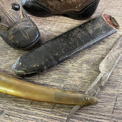 L126: Vintage Leather Baby Shoes and Vintage Straight Blade