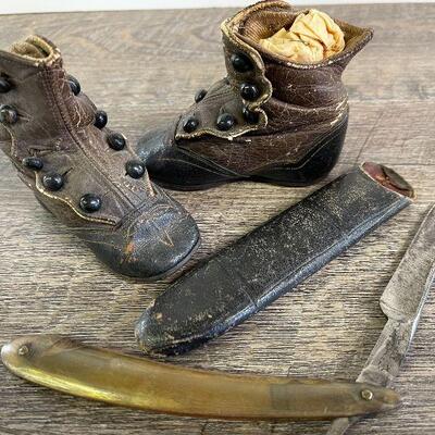 L126: Vintage Leather Baby Shoes and Vintage Straight Blade