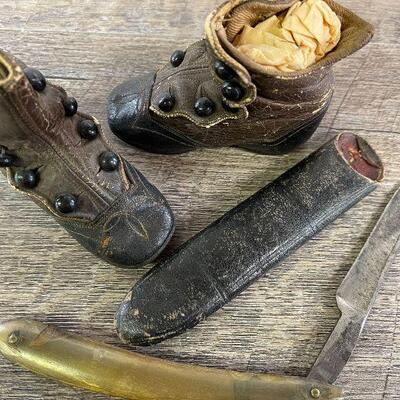 L126: Vintage Leather Baby Shoes and Vintage Straight Blade
