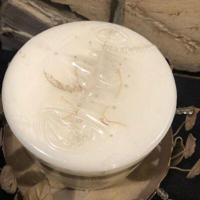 #183 White New 3 Wick Candle w/ Iron Stand 