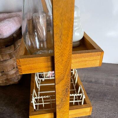 186: Basket of Kitchen Linens with Wood Stand and More