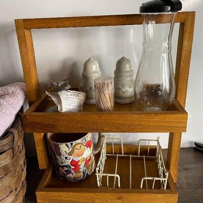 186: Basket of Kitchen Linens with Wood Stand and More