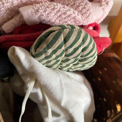 186: Basket of Kitchen Linens with Wood Stand and More