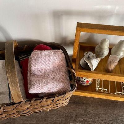 186: Basket of Kitchen Linens with Wood Stand and More