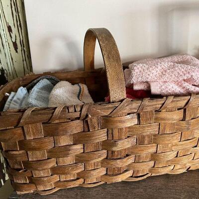 186: Basket of Kitchen Linens with Wood Stand and More
