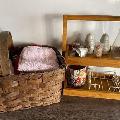 186: Basket of Kitchen Linens with Wood Stand and More