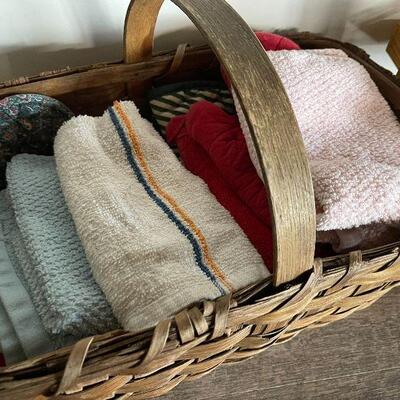 186: Basket of Kitchen Linens with Wood Stand and More
