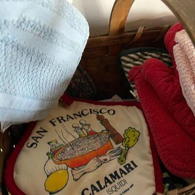 186: Basket of Kitchen Linens with Wood Stand and More