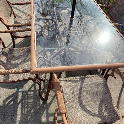 224: Metal and Glass outdoor Table and Chairs and Umbrella
