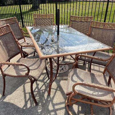 224: Metal and Glass outdoor Table and Chairs and Umbrella