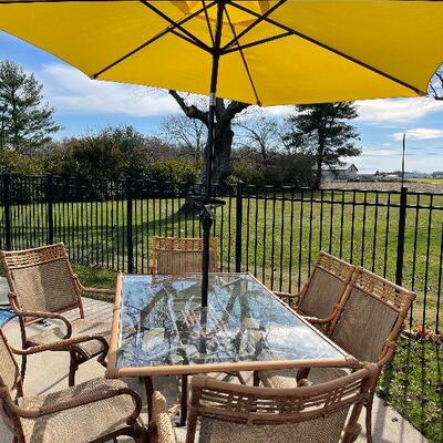 224: Metal and Glass outdoor Table and Chairs and Umbrella