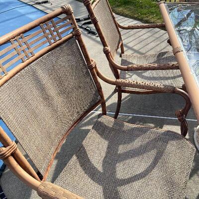 224: Metal and Glass outdoor Table and Chairs and Umbrella