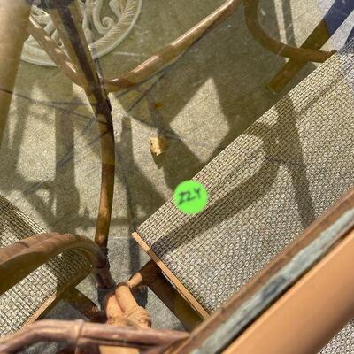 224: Metal and Glass outdoor Table and Chairs and Umbrella