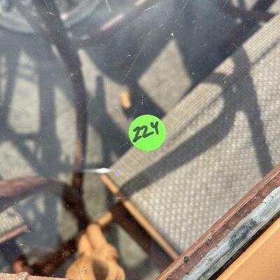 224: Metal and Glass outdoor Table and Chairs and Umbrella
