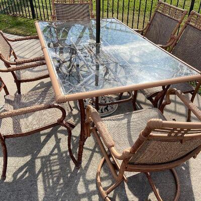 224: Metal and Glass outdoor Table and Chairs and Umbrella