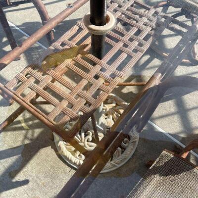 224: Metal and Glass outdoor Table and Chairs and Umbrella