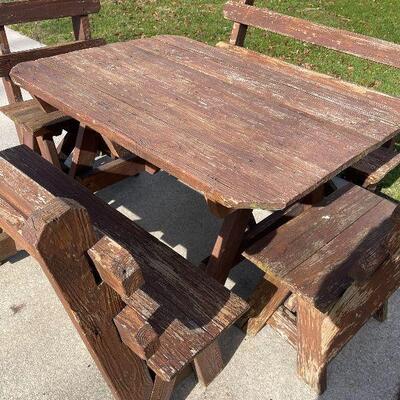 225: Wood Picnic Table, Two Benches and Two Chairs