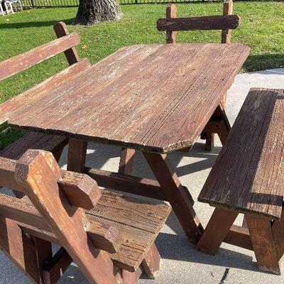 225: Wood Picnic Table, Two Benches and Two Chairs