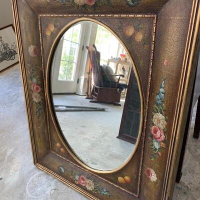 Awesome vintage Hand Painted Oval Beveled Mirror in Rectangular Frame