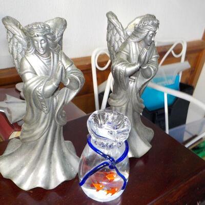 2 Pewter Angels and xmas gift bottle.