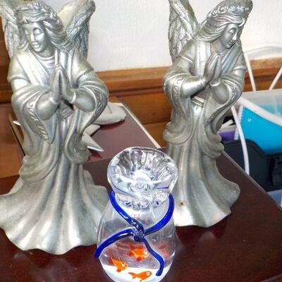 2 Pewter Angels and xmas gift bottle.