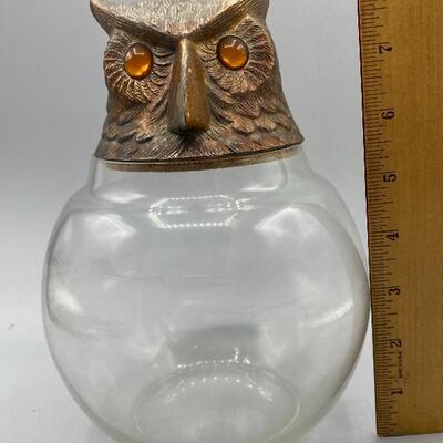 Vintage Owl Head Top Lidded Glass Apothecary Candy Jar 