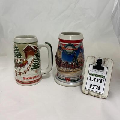 (173) Two Budweiser Christmas Mugs