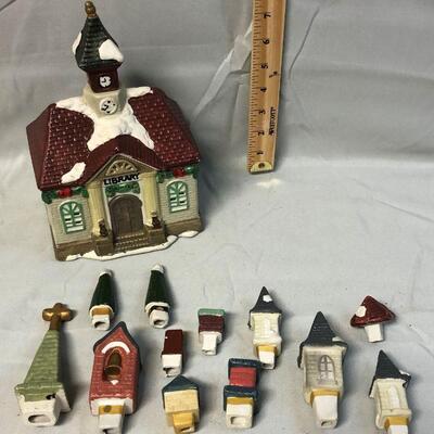 Eight Ceramic Village Houses and Resin Tree