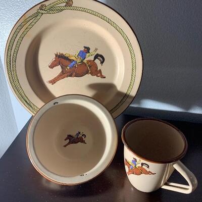 Antique Enamel Plate, smaller Bowl and Mug