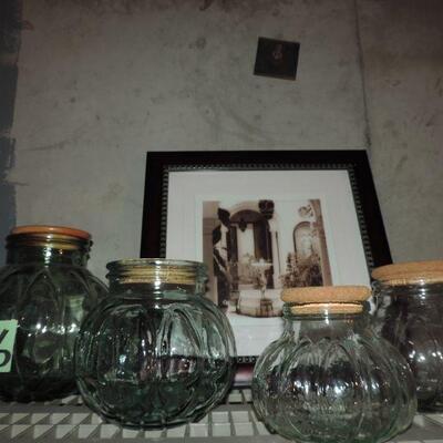 GLASS CANISTERS  AND FRAMED ART