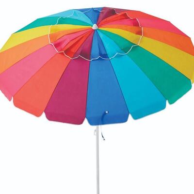 Caribbean Joe Deluxe 8 foot Beach Umbrella, rainbow stripes, storage bag - New