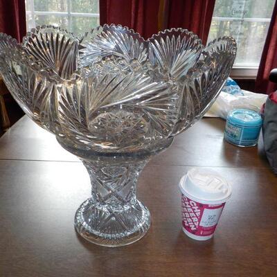 Stunning Large Cut Glass Bowl and stand 18in wide and 22 in high.