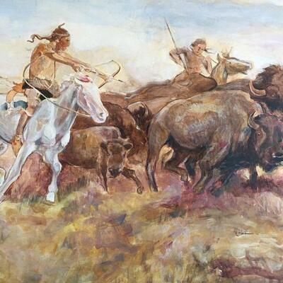 After Remington Buffalo Hunt SUBSTANTIAL painting by Judy Burns McCray