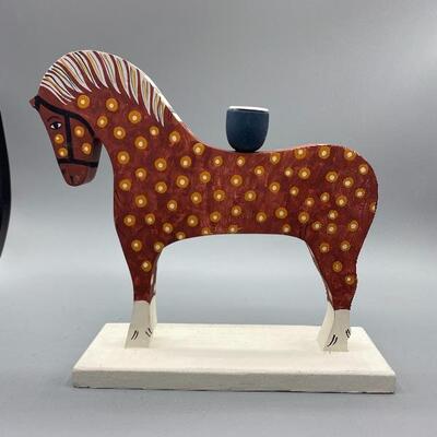 Folk Art Painted Wood Horse Candleholder