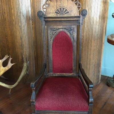 Antique Oak Presentation Chair w/ Faux Bois Velvet Upholstery 