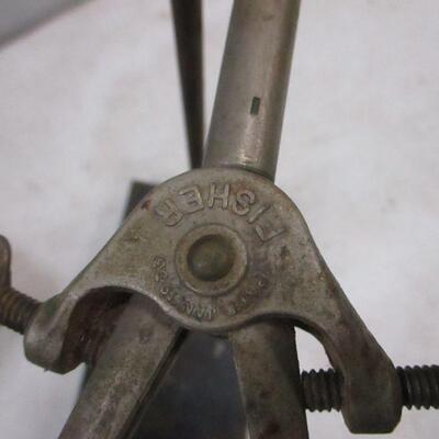 Lot 182 - Fisher Stainless Steel Or Alloy Laboratory Prong Chemistry Clamps & Wooden Tool Box