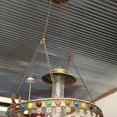 Fancy Antique Oil Light Fixture w/ Prisms - Iron Brass Frame w/ Colored Faceted Glass Rounds - Complete!