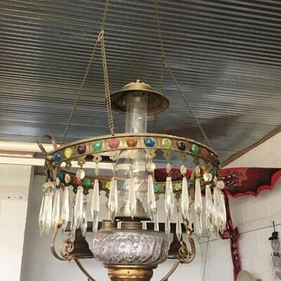 Fancy Antique Oil Light Fixture w/ Prisms - Iron Brass Frame w/ Colored Faceted Glass Rounds - Complete!
