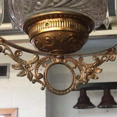 Fancy Antique Oil Light Fixture w/ Prisms - Iron Brass Frame w/ Colored Faceted Glass Rounds - Complete!