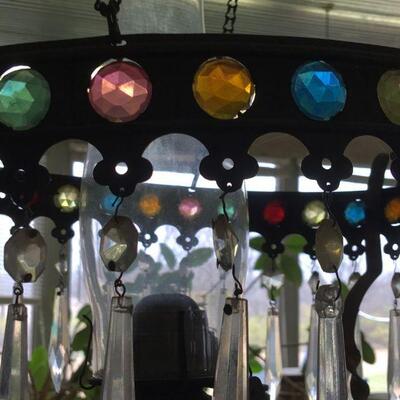 Fancy Antique Oil Light Fixture w/ Prisms - Iron Brass Frame w/ Colored Faceted Glass Rounds - Complete!