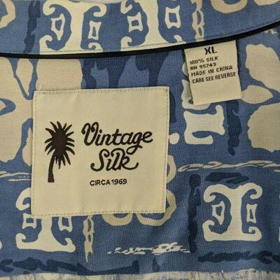 Vintage Silk Geometric Men's Short Sleeve Button Front Shirt sz XL Blue/Tan